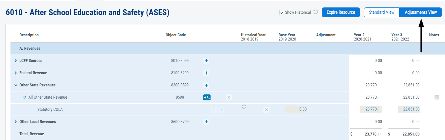 Screenshot of Resources view in Adjustments View