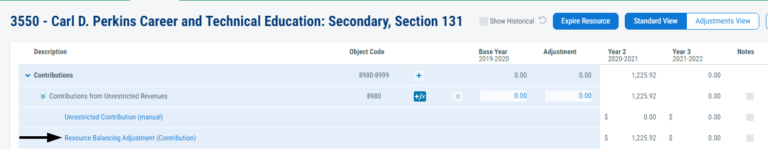 Image of the assumption applied in the Resources screen