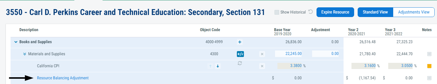 Image of the assumption applied in the Resources screen