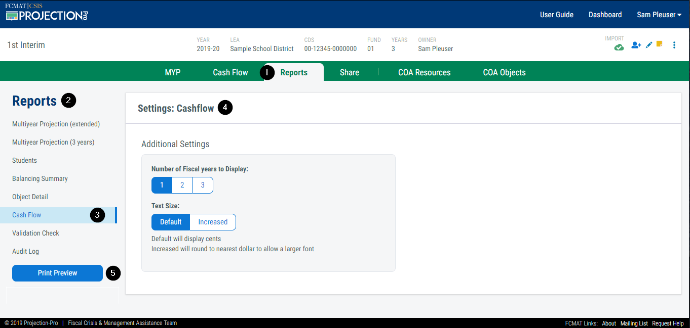 Image of Reports screen with areas numbered