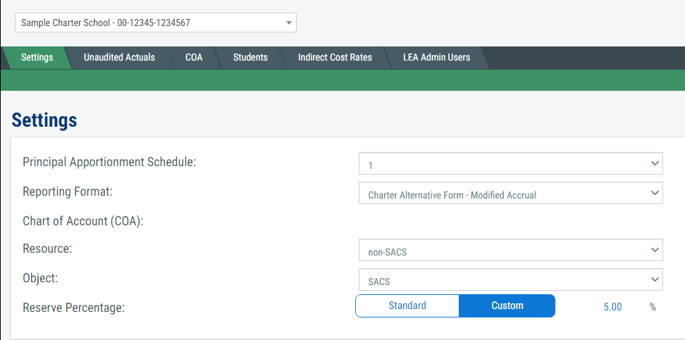 Display of a Charter School Settings screen