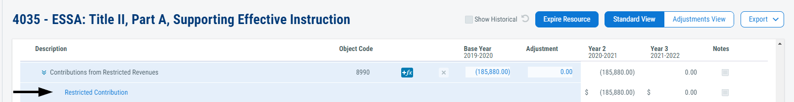 Image of the assumption applied in the Resources screen