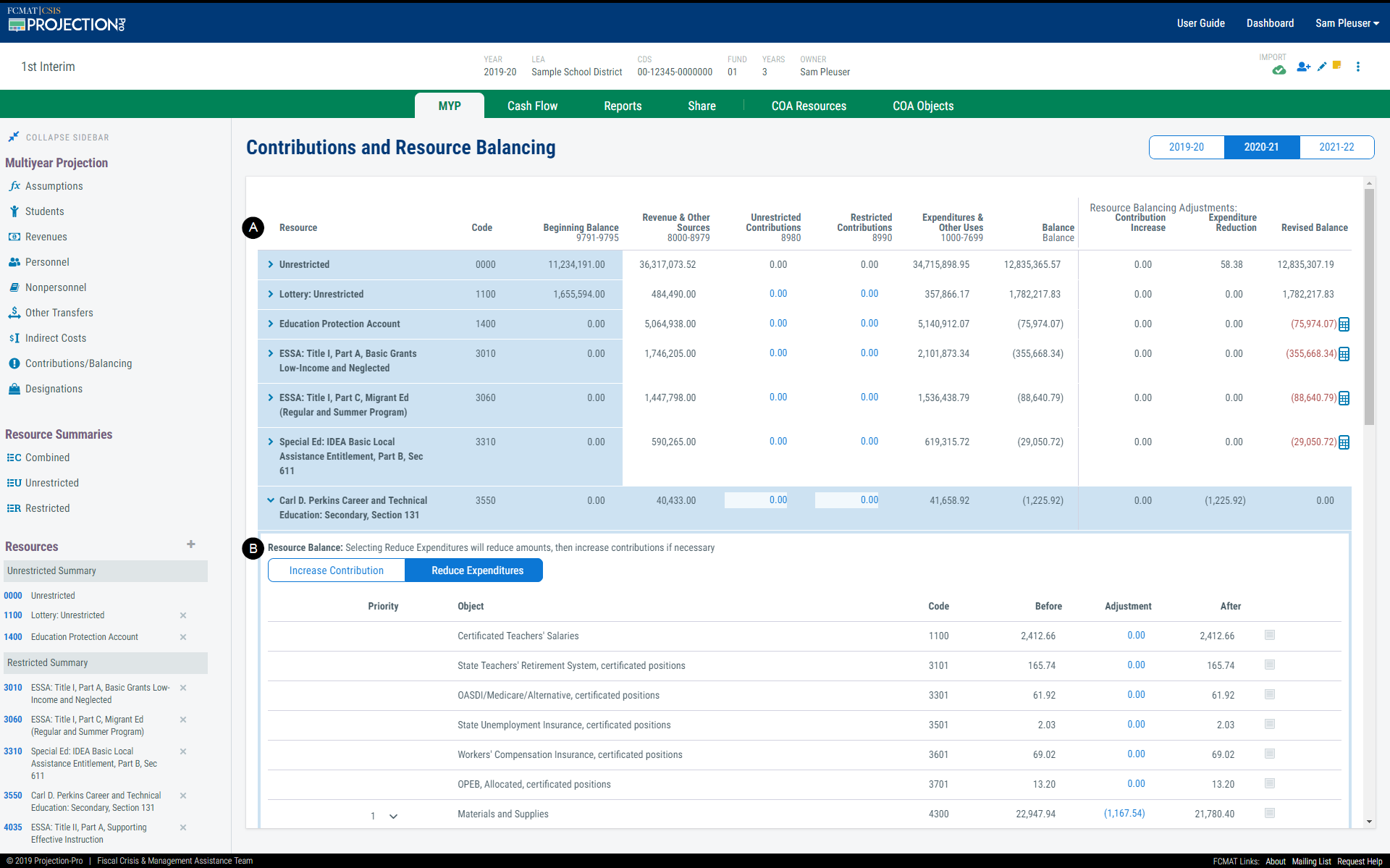 Image of 'Contributions/Balancing' screen with the headings for area A and B identified