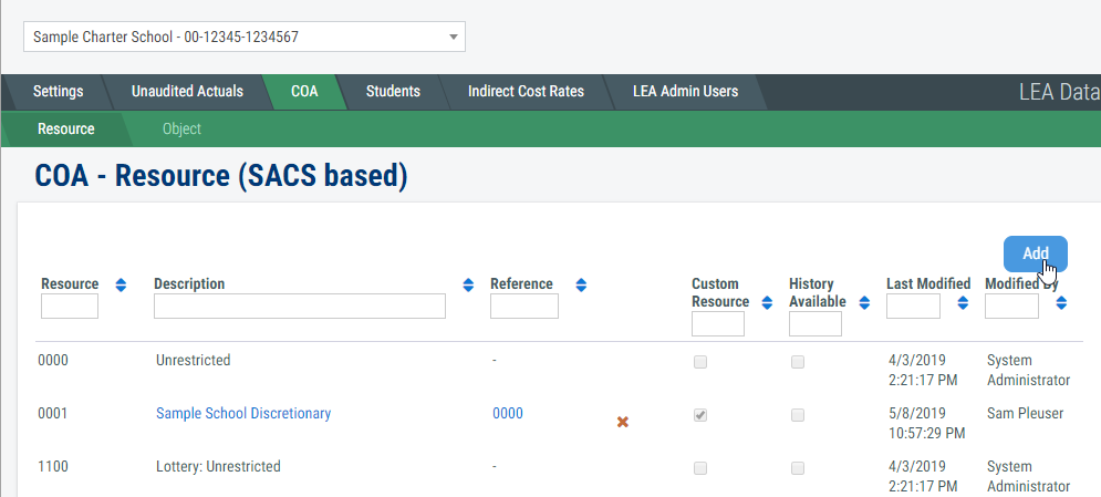 Sample Chart of Accounts screen for Resource