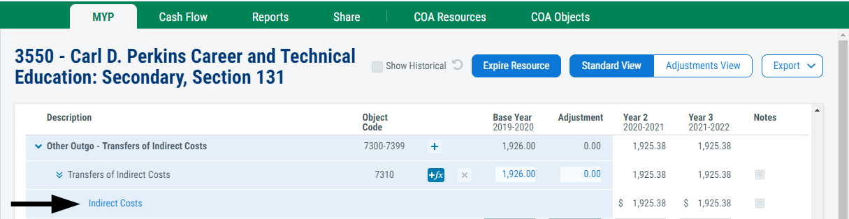 Image of 'Indirect Costs' assumption applied on the 'Resources' screen
