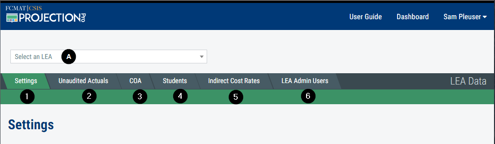 Image displaying where the LEA is selected and identifying the six tabs