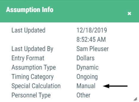 Image of example Assumption Info box displaying the Special Calculation type of Manual