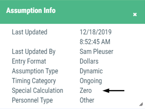Image of example Assumption Info box displaying the Special Calculation type of Zero