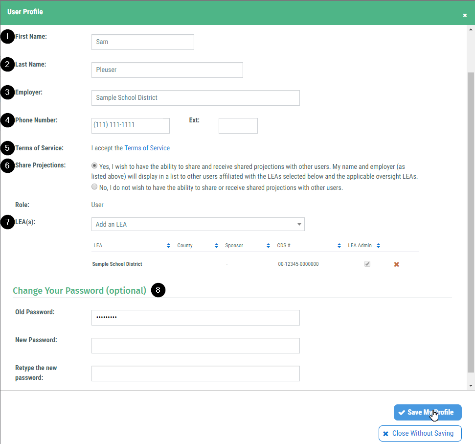 Image displaying User Profile screen with enterable fields